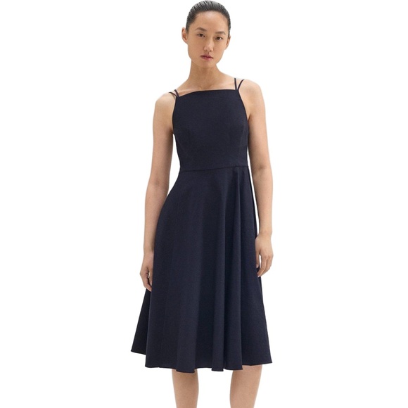 Theory Square Neck Good Linen Midi Dress Strappy Square Neck Navy Blue Size 2 - Picture 1 of 12